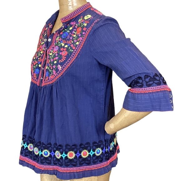 Johnny Was 3J Workshop Cotton Embroidered Top Sz M Navy Blue #304E - Picture 5 of 11